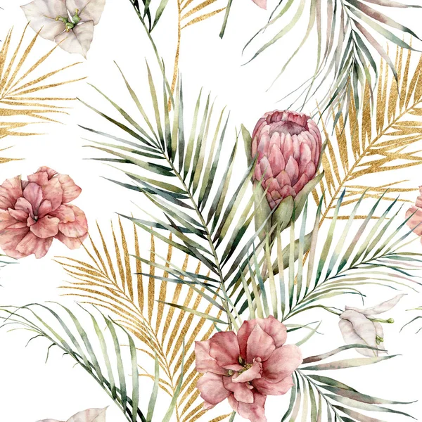 Acquerello modello senza soluzione di continuità con protea, ibisco, bouganville e foglie di palma d'oro. Fiori tropicali dipinti a mano isolati su sfondo bianco. Illustrazione floreale per design, stampa, sfondo . — Foto Stock