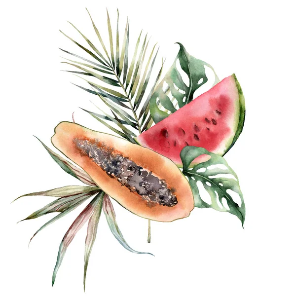 Akvarell mat sammansättning med papaya, vattenmelon och palmblad. Handmålade tropiska frukter och monstera isolerad på vit bakgrund. Blommig illustration för design, tryck eller bakgrund. — Stockfoto