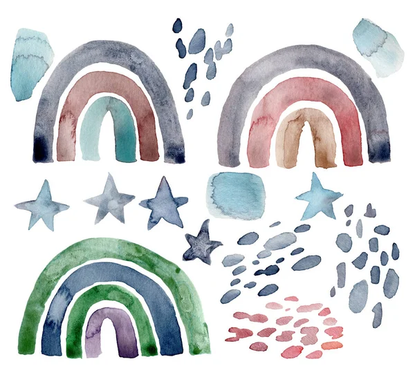 Aquarelle sertie d'arcs-en-ciel multicolores, nuages et étoiles. Illustrations de phénomènes naturels peintes à la main isolées sur fond blanc. Pour la conception, l'impression, le tissu ou le fond . — Photo