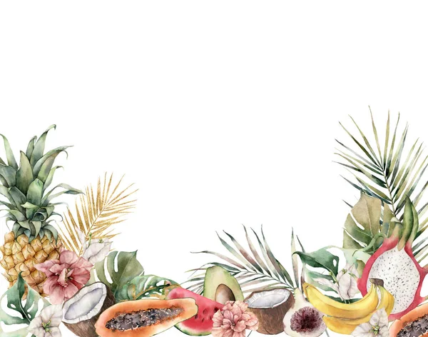 Aquarel tropische rand met fruit en bloemen. Hand geschilderd avocado, kokosnoot, drakenfruit, vijg, papaya en hibiscus op witte achtergrond. Voedselillustratie voor ontwerp, druk, stof, achtergrond. — Stockfoto