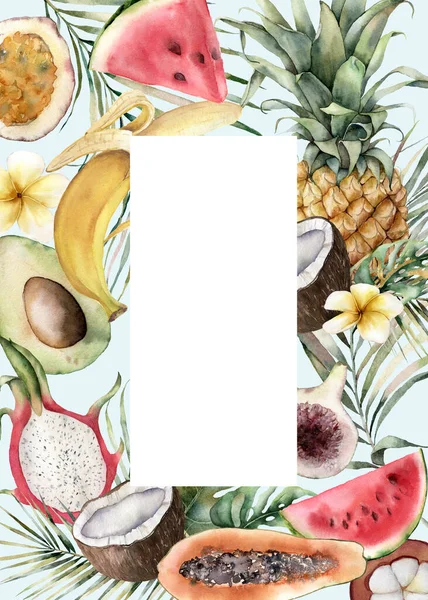 Kort med akvarell tropiska frukter. Handmålade avokado, kokos, drake frukt, fikon, mangostana, passionsfrukt, papaya på vit bakgrund. Mat illustration för design, tryck, tyg, bakgrund. — Stockfoto