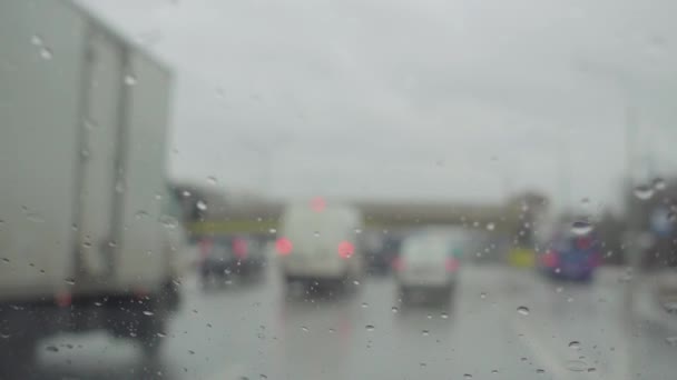 Cadute di pioggia sul parabrezza. Guardando attraverso il parabrezza . — Video Stock