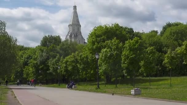 МОСКВА, РОССИЯ - 4 июня 2017 года: Неопределенные люди идут по тропинке в парке Коломенское — стоковое видео