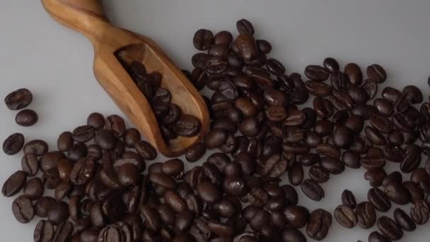 Kaffebönor och oliv trä scoop på vit bakgrund — Stockvideo