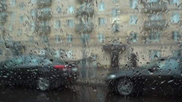 Gota de lluvia en el parabrisas en el día de la lluvia — Vídeos de Stock