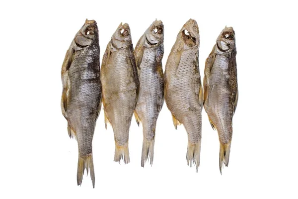 Fem torkade saltade mört fishs på isolerade vit bakgrund — Stockfoto