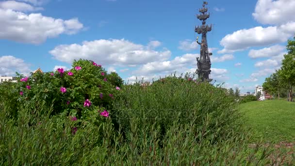 Hermoso paisaje con un monumento Pedro la Grande Estatua en el fondo — Vídeos de Stock