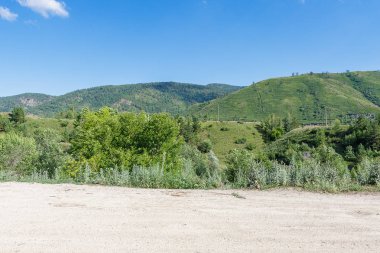 Doğu Kazakistan ormanda dağlarla görünümünü