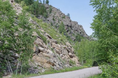 Yol Doğu Kazakistan bölgesinde dağ orman gökyüzünde.