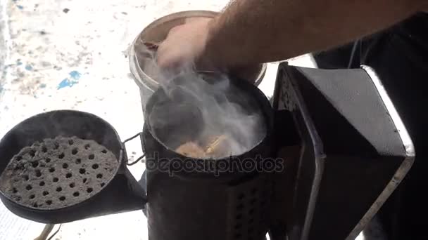 Fumatore di api fumatrici. Preparazione del fumo — Video Stock