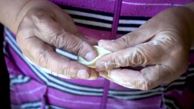 Evde çiftçi peynir ile ev yapımı vareniks pişirme tekniği. Gerçek zamanlı video kapatın