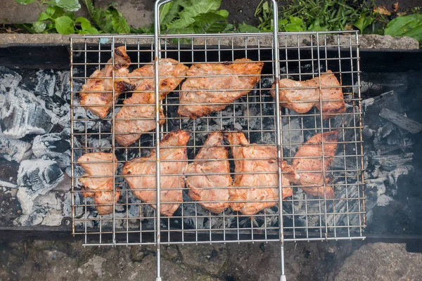 Churrasco de carne sobre os grelha deliciosos pedaços de grelhado — Fotografia de Stock