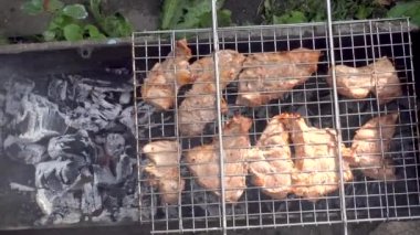 İçinde Mangal kömürleri. Izgara et. Et kömürün üstünde kızartılıyor. İştah açıcı kavrulmuş et kömürlerin üzerinde. Domuz Barbekü.