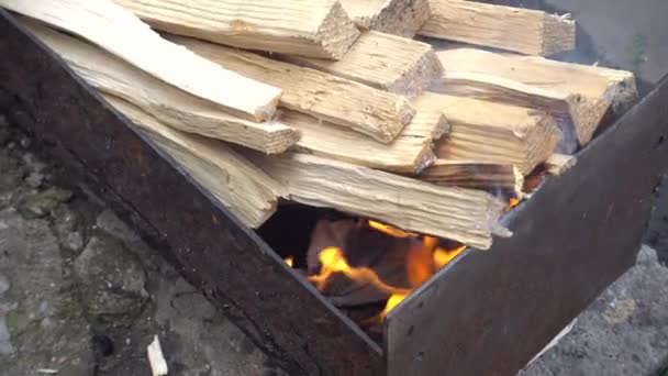 Gehakte hout in mangal — Stockvideo
