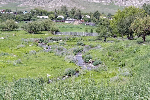 Un arroyo fluye a través de un prado verde . — Foto de Stock