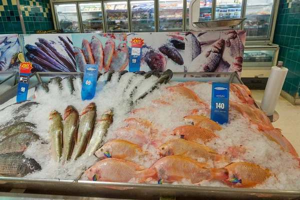 KOH SAMUI, THAILANDIA - 13 dicembre 2017: Big C Supercenter. Diversi tipi di pesce rivestito di ghiaccio — Foto Stock