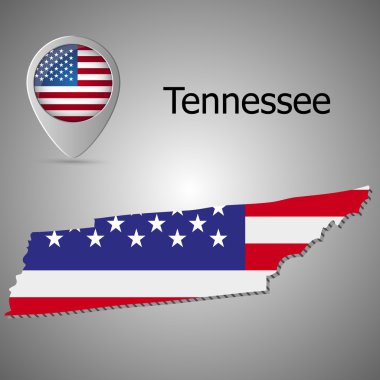 Amerikan bayrağı illüstrasyon ile Tennessee Haritası. Harita göstergesi Amerikan bayrağı ile.
