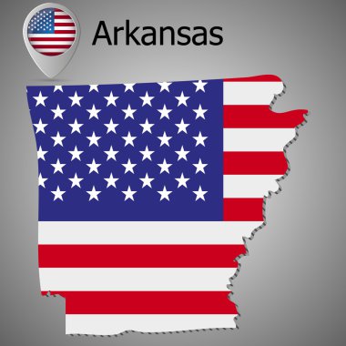 Arkansas Eyalet harita bizimle bayrak iç ve harita işaretçi Amerikan bayrağı.