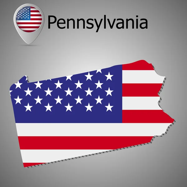 Karte des Bundesstaates Pennsylvania und der amerikanischen Flagge. Kartenzeiger mit amerikanischer Flagge. — Stockvektor