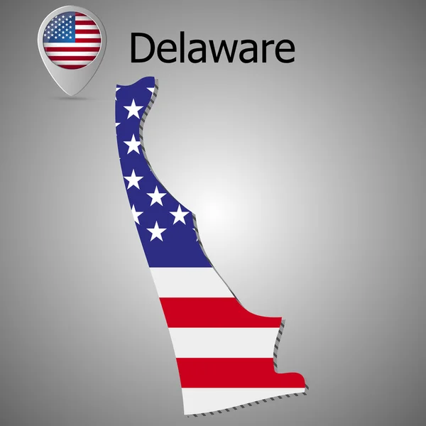 Delaware State kaart met ons vlag binnen en kaart aanwijzer met Amerikaanse vlag. — Stockvector