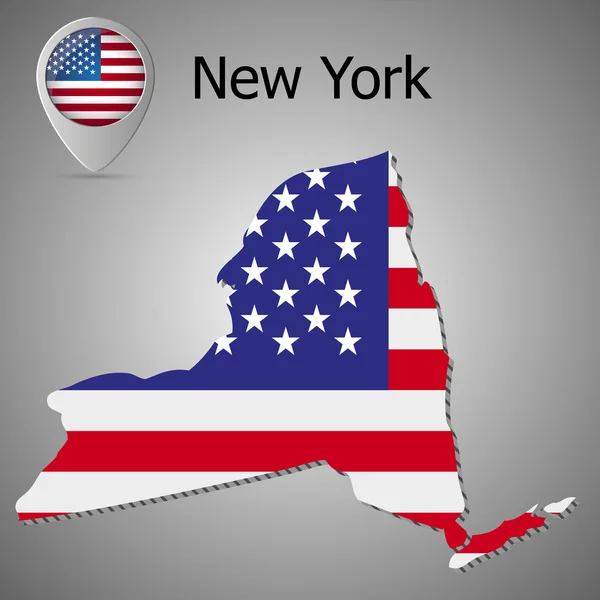 Kaart van de staat New York en de Amerikaanse vlag. Kaart aanwijzer met illustratie van de Amerikaanse vlag — Stockvector