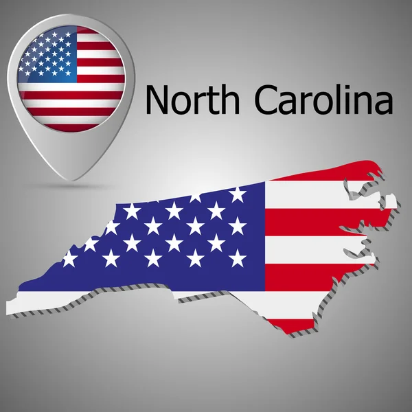 North Carolina State Map mit uns Flagge im Inneren und Kartenzeiger mit amerikanischer Flagge. — Stockvektor