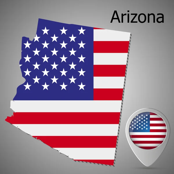 Arizona State kaart met ons vlag binnen en kaart aanwijzer met Amerikaanse vlag. — Stockvector