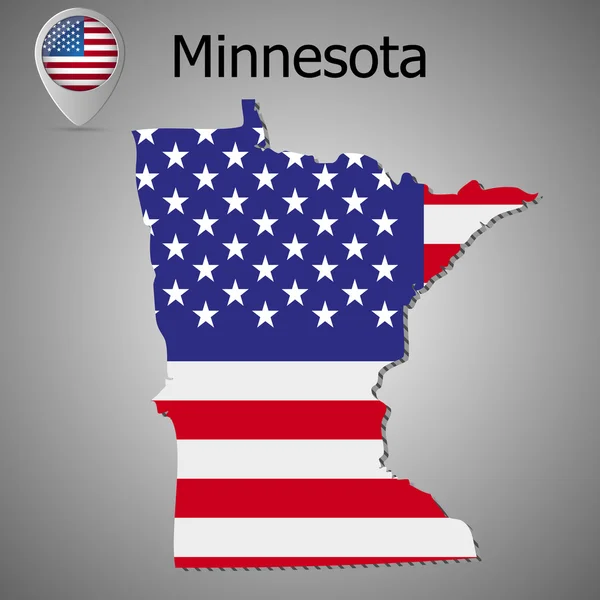 Mapa stanu Minnesota z nami flaga wewnątrz i mapę wskaźnika z amerykańską flagę. — Wektor stockowy