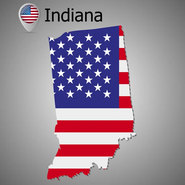 Mapa del Estado de Indiana y la bandera estadounidense. Puntero de mapa con bandera americana . — Vector de stock