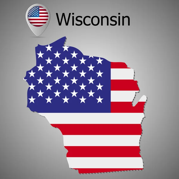 Mapa stanu Wisconsin z nami flaga wewnątrz i mapę wskaźnika z amerykańską flagę. — Wektor stockowy