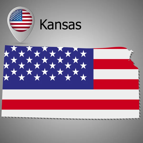 Kansas State map con bandiera USA all'interno e mappa puntatore con bandiera americana . — Vettoriale Stock