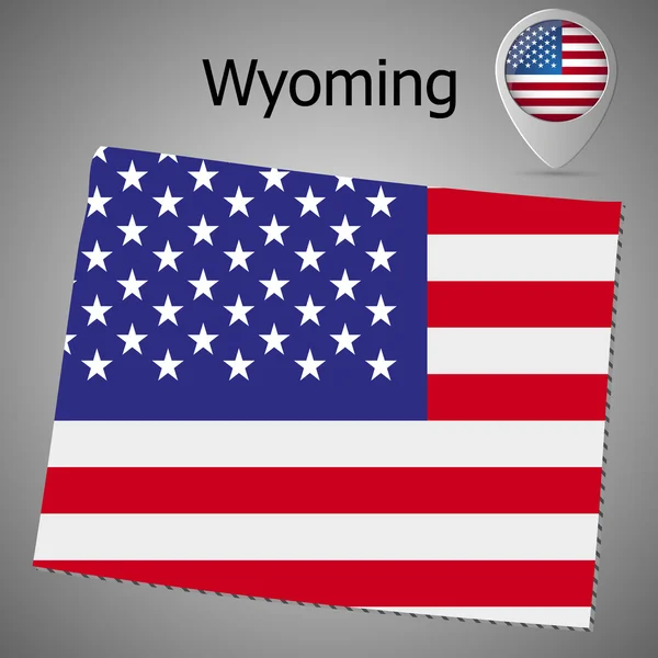 Mapa del estado de Wyoming con la bandera de los Estados Unidos dentro y el mapa puntero con la bandera estadounidense . — Archivo Imágenes Vectoriales