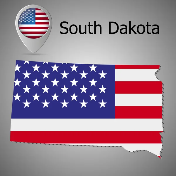 美国国旗上南达科塔州的地图。地图与美国国旗的指针。插图 — 图库矢量图片