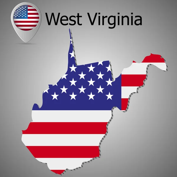 West Virginia State kaart met ons vlag binnen en kaart aanwijzer met Amerikaanse vlag. — Stockvector