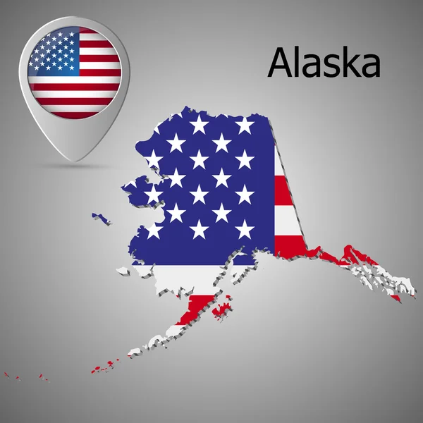 Mapa del Estado de Alaska con bandera estadounidense. Puntero de mapa con bandera americana . — Vector de stock