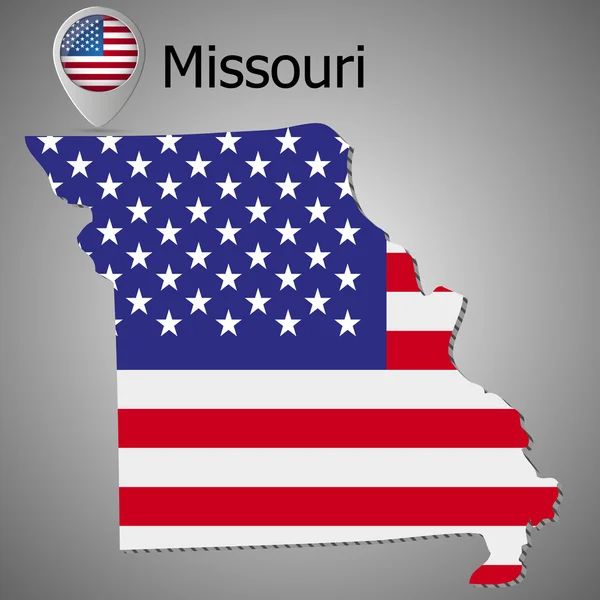 Mapa státu Missouri a americkou vlajku. Mapa ukazatel s americkou vlajkou. — Stockový vektor