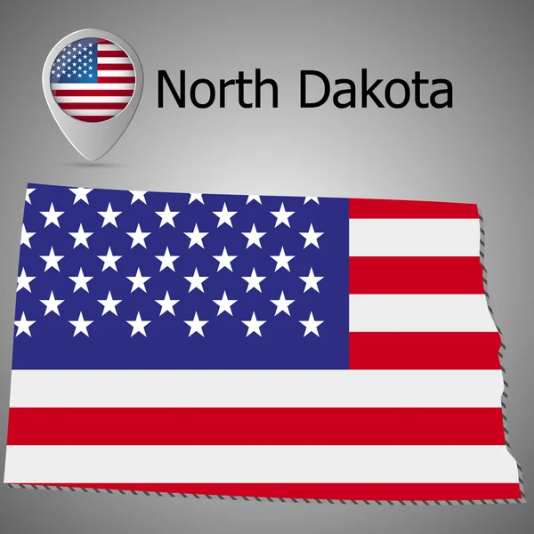 Kaart van Noord-Dakota op Amerikaanse vlag. De aanwijzer van de kaart met de Amerikaanse vlag. illustratie — Stockvector