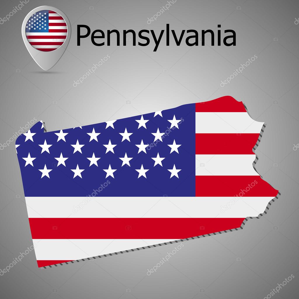 Map of the State of Pennsylvania and American flag. Map pointer with American flag.