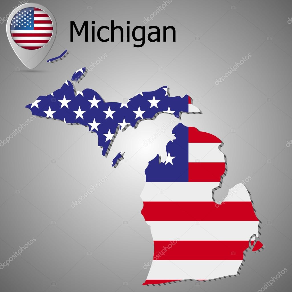 Michigan map flag and text. Map pointer with American flag. vector illustration