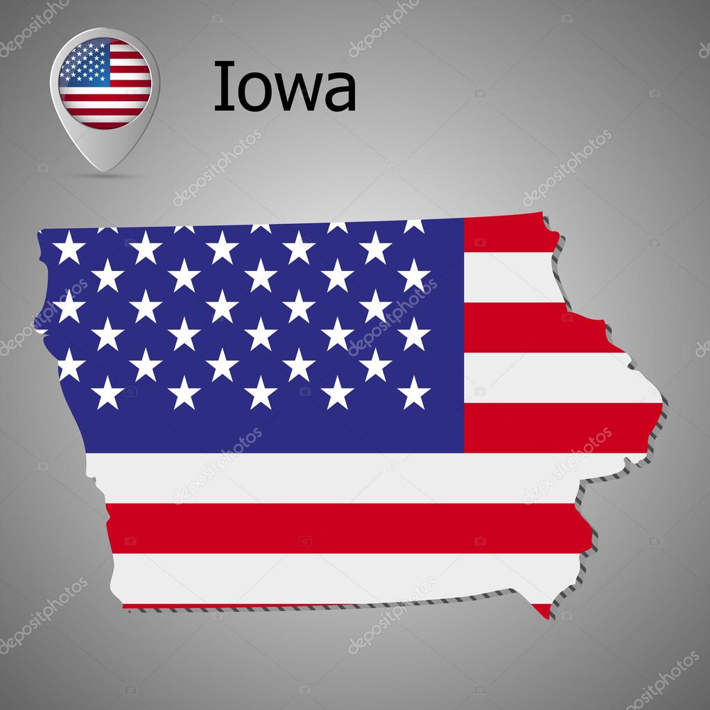 Map of the State of Iowa and American flag. Map pointer with American flag.
