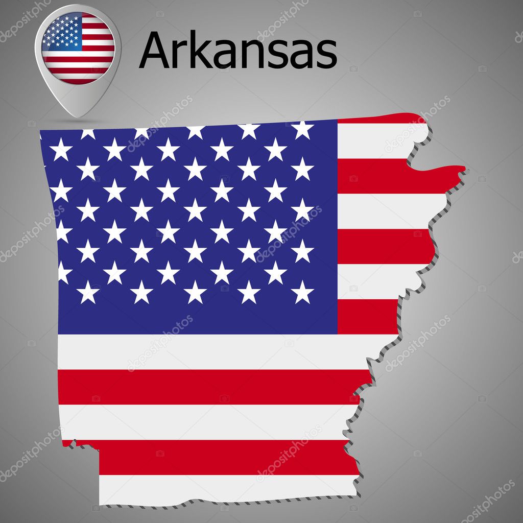Arkansas State map with US flag inside and Map pointer with American flag.