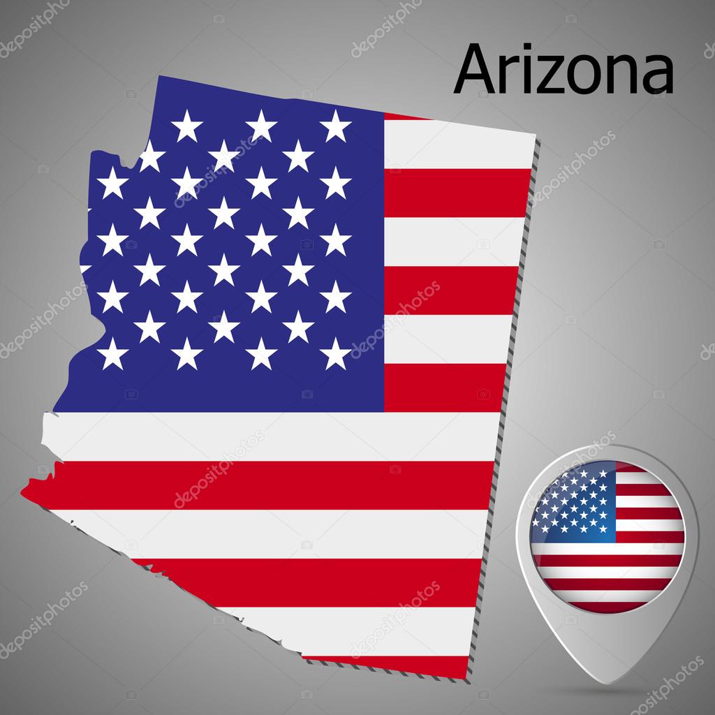 Arizona State map with US flag inside and Map pointer with American flag.