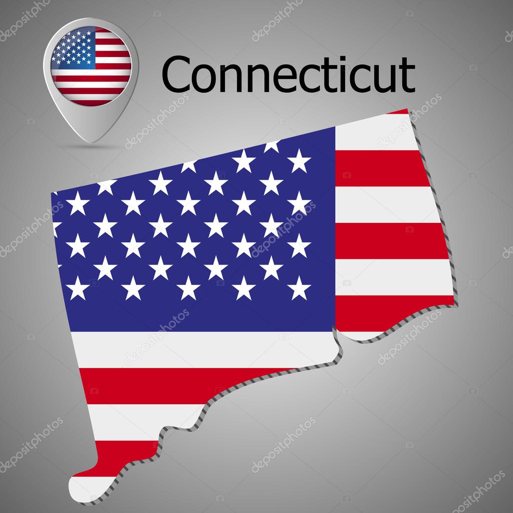 Connecticut State map with US flag inside and Map pointer with American flag.