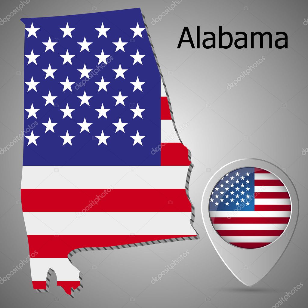 State of Alabama vector graphic map with flag.Map pointer with American flag.