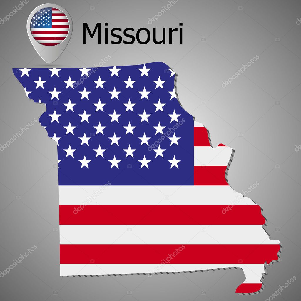 Map of the State of Missouri and American flag. Map pointer with American flag.