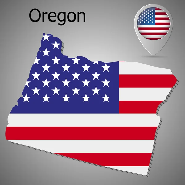 Mappa dello Stato dell'Oregon e illustrazione della bandiera americana. Mappa puntatore con bandiera americana — Vettoriale Stock