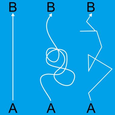 Düz ve karmaşık yolları A dan B mavi zemin üzerine. Sorun, çözüm ve seçim kavramı. Düz tasarım.