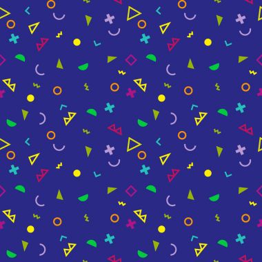 Koyu arka plan üzerinde Memphis seamless modeli 80's-90's stilleri. Trendy memphis tarzı. Renkli geometrik seamless modeli farklı şekiller stil renk.