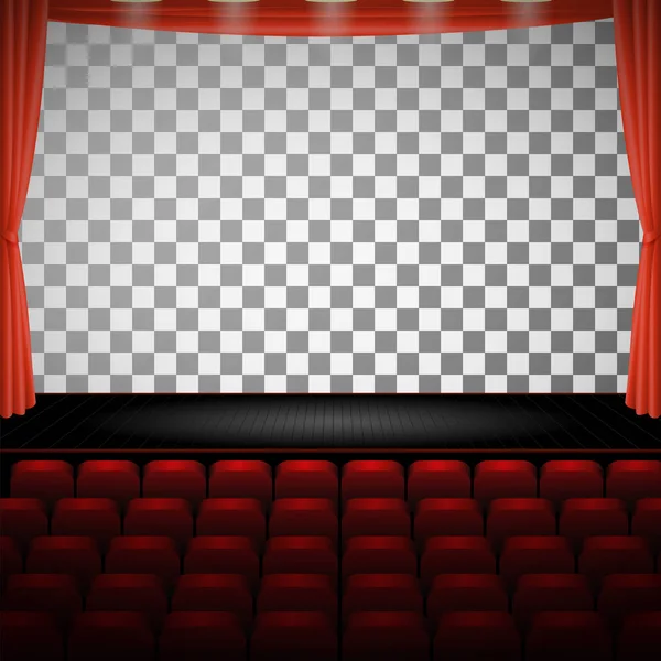 Vector transparent empty stage with red curtain and empty auditorium, layered and editable — Stock Vector