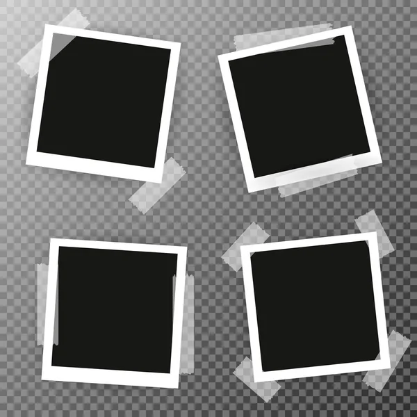 Quatro Retro fotografia em branco com um lugar preto para a sua imagem em uma página de álbum de fotos. moldura de foto com sombra Colado em fita em um fundo transparente para o seu objeto. Ilustração vetorial —  Vetores de Stock